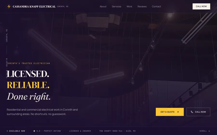 Cassandra Knapp Electrical website, electrician in Glen, MS, built by MainStreetWeb LLC