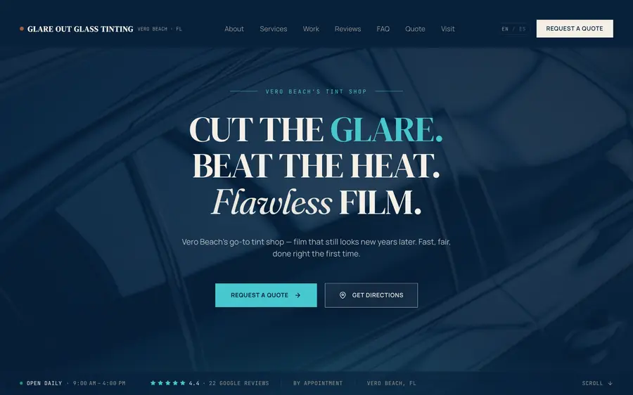 Glare Out Tint website, window tint in Treasure Coast, FL, built by MainStreetWeb LLC