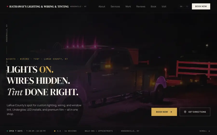 Hathaway's Lighting and Tint website, multi-service in Hodgenville, KY, built by MainStreetWeb LLC