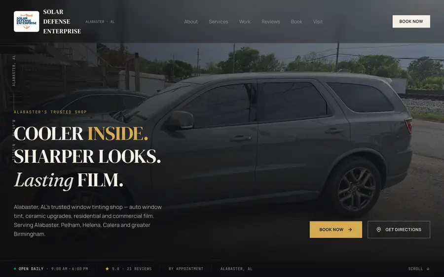 Solar Defense Enterprise website, window tint in Alabaster, AL, built by MainStreetWeb LLC