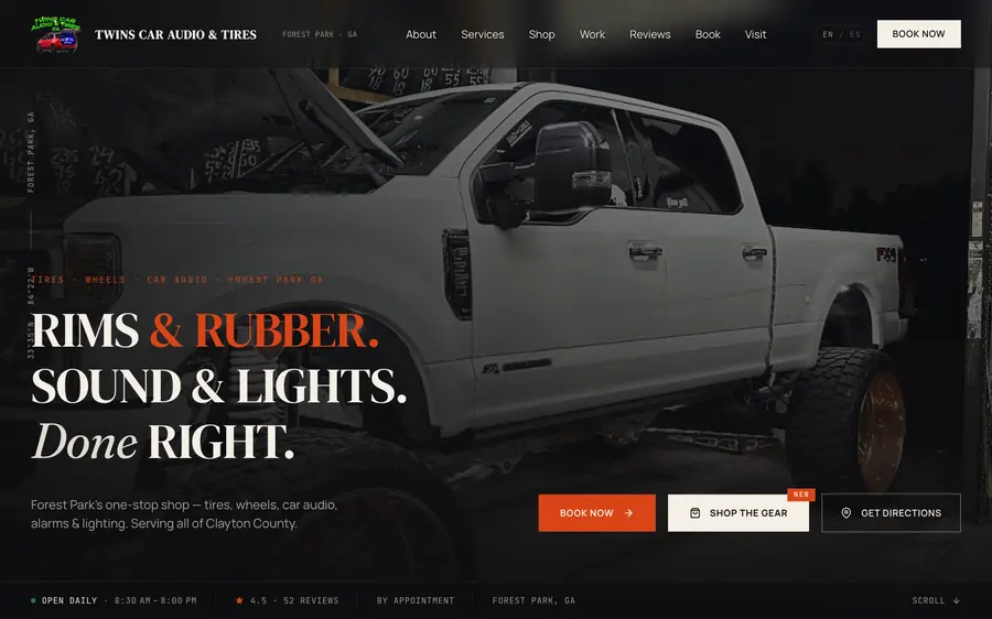 Twins Car Audio and Tire website, car audio in Forest Park, GA, built by MainStreetWeb LLC